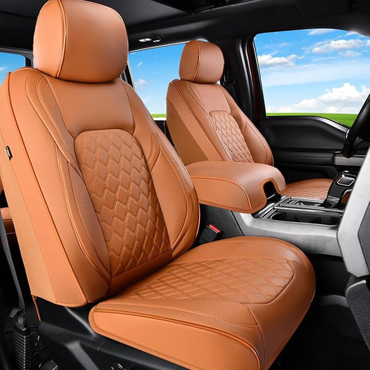 Huidasource F150 Truck Seat Covers Fit for 2015-2025 Ford F150 & 2017-2025 F250 F350 F450 Crew Cab XL XLT Lariat King Ranch Platinum, Full Coverage Leather Automotive Seat Cover(Full Set/Brown)