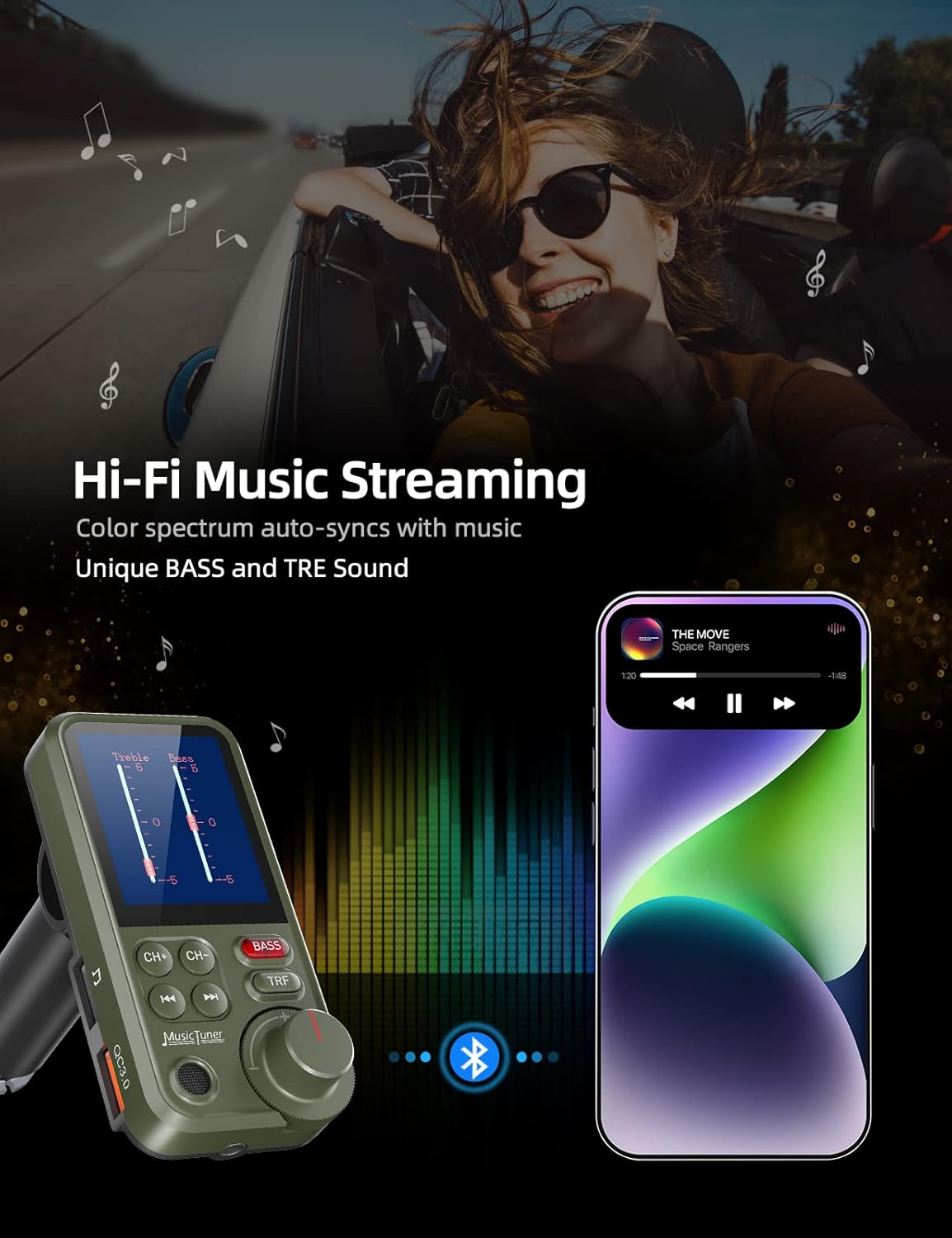 Nulaxy FM Bluetooth Transmitter for car, Strong Microphone Bluetooth Car Adapter with 1.8" Color Screen for Hands-Free Calls, Supports QC3.0 Charging, Treble and Bass Sound Music Player- KM30 Green