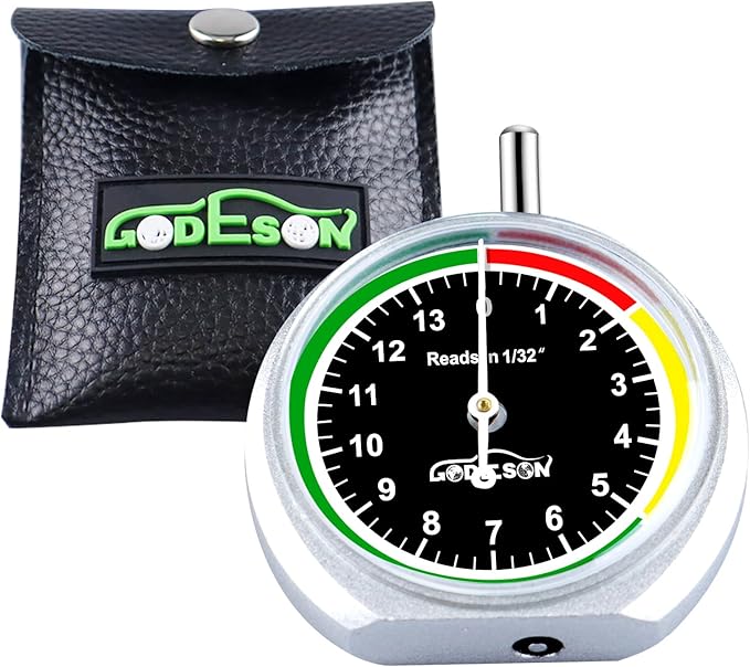 GODESON Tire Tread Depth Gauge,Dial Type Tire Depth Gauge in 32nds,Color-Coded and Easy Reading Tread Depth Gauge for Motorcycle, Car,Truck and Bus, Silver Powder-Coated Zinc Alloy Casing & Black Dial