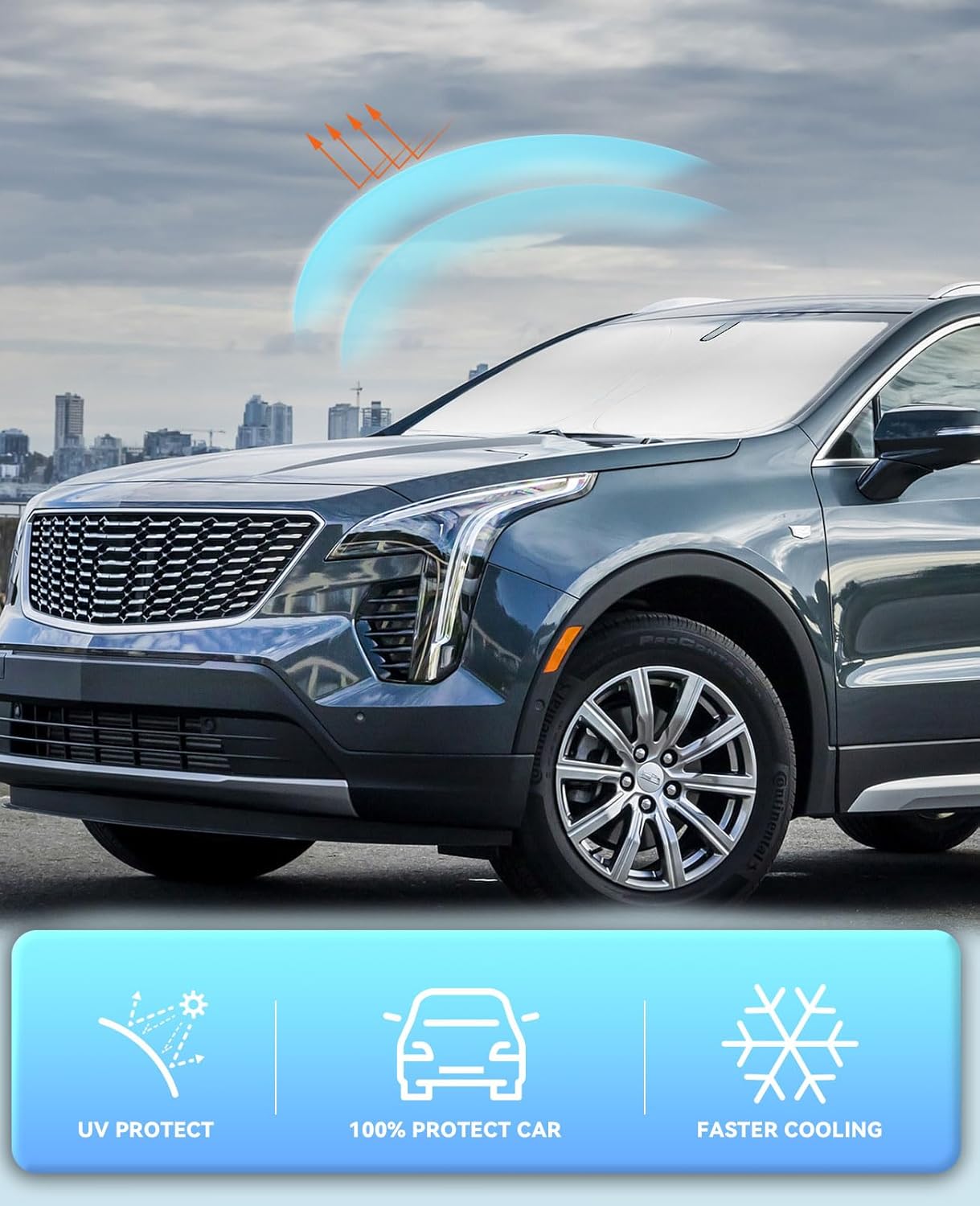 Windshield Sun Shade Car Sunshade for 2019-2023 2024 2025 Cadillac XT4 Accessories Windshield 240T Silver Coating Sun Visor Cover for XT4 Front Window Shield Protector Block Heat UV Rays Keep Cooler