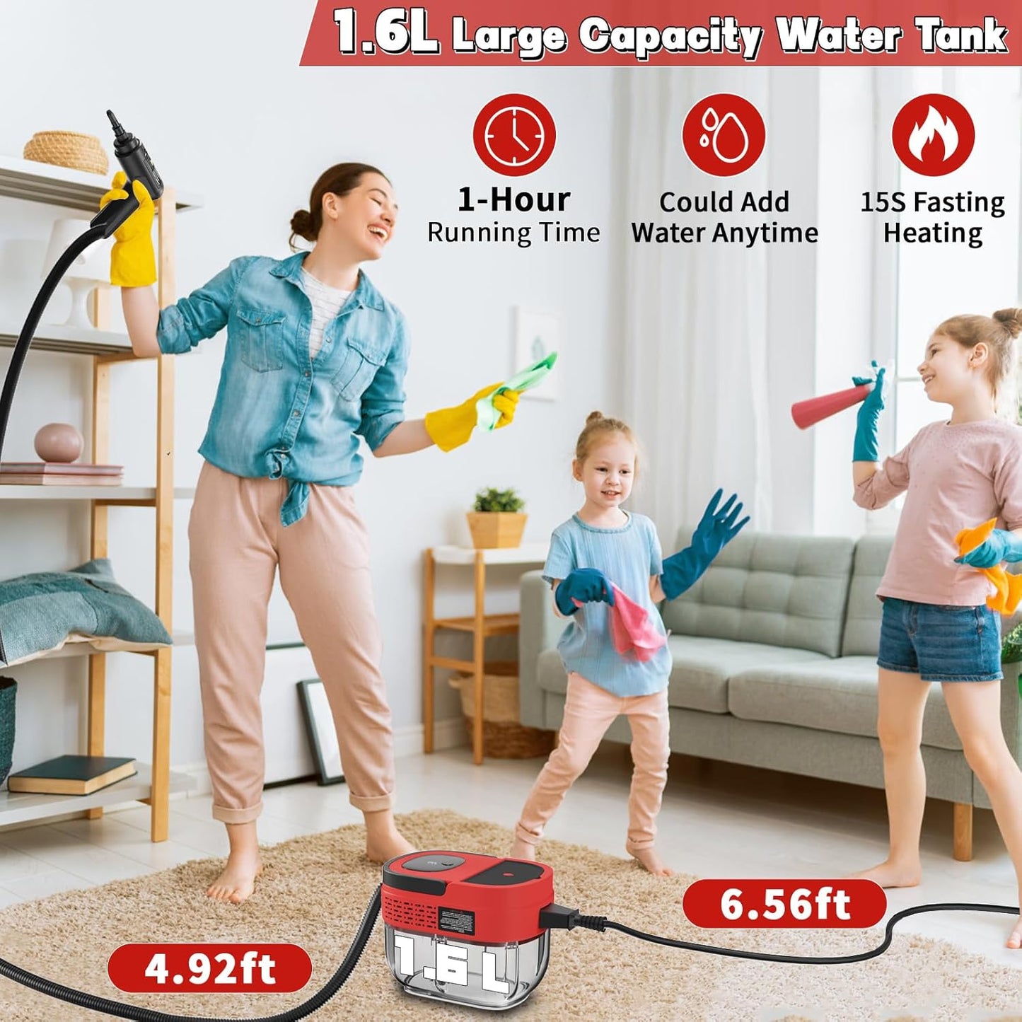 Handheld Steam Cleaner for Home, 2500W High Temperature Pressurized Machine, 1.6L Water Tank, Handle-controlled Steam Output, Portable Cleaning Steamer for Car, Bed Bugs, Furniture, Grout (Red)