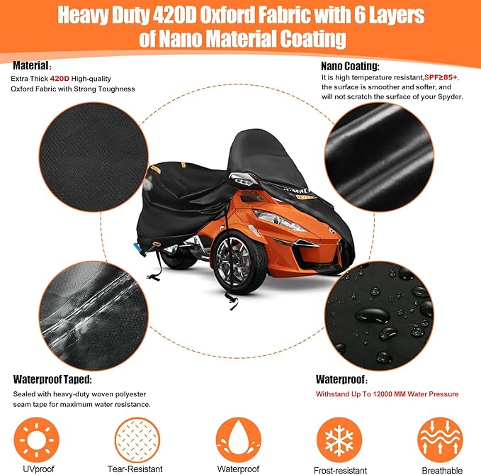 Can Am Spyder Cover Waterproof,Spyder Accessories Full Cover Compatible with Spyders RT Limited F3 S,420D Heavy Duty Oxford Fabric,3 Reflective Strips,Three Wheel Motorcycle Cover Outdoor Protection