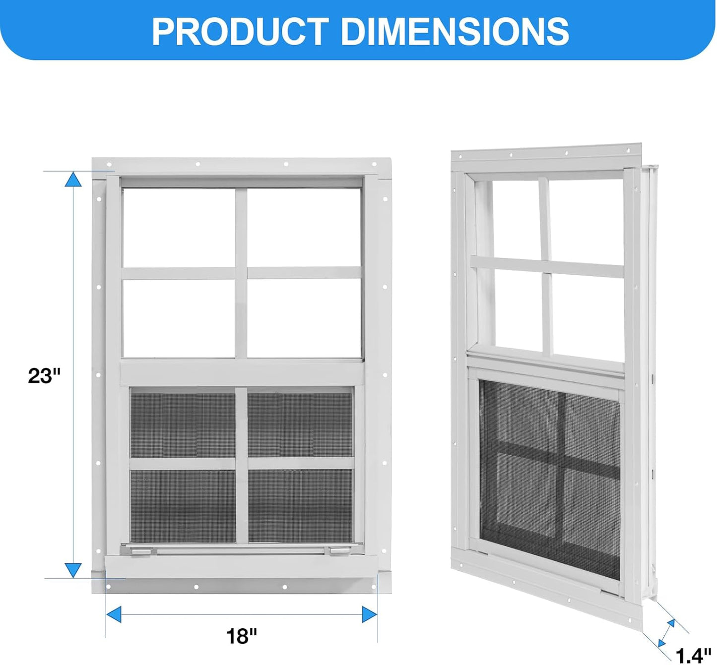 NeatiEase Upgraded Shed Windows 2 Pack, 18" x 23" Windows with Tempered Glass and Stainless Steel Screen for Shed, Chicken Coop, Playhouse, Household, Garage(White)