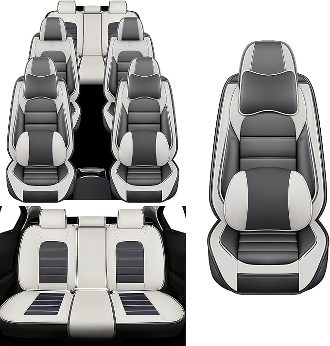 Car Seat Covers Fit for Toyota Highlander 2000-2025 | 7 Seat Car Seat Cover | No-Slip Waterproof Breathable Faux Leather Automotive Seat Covers Auto Interior Covers White Gray,Full Set with Pillow