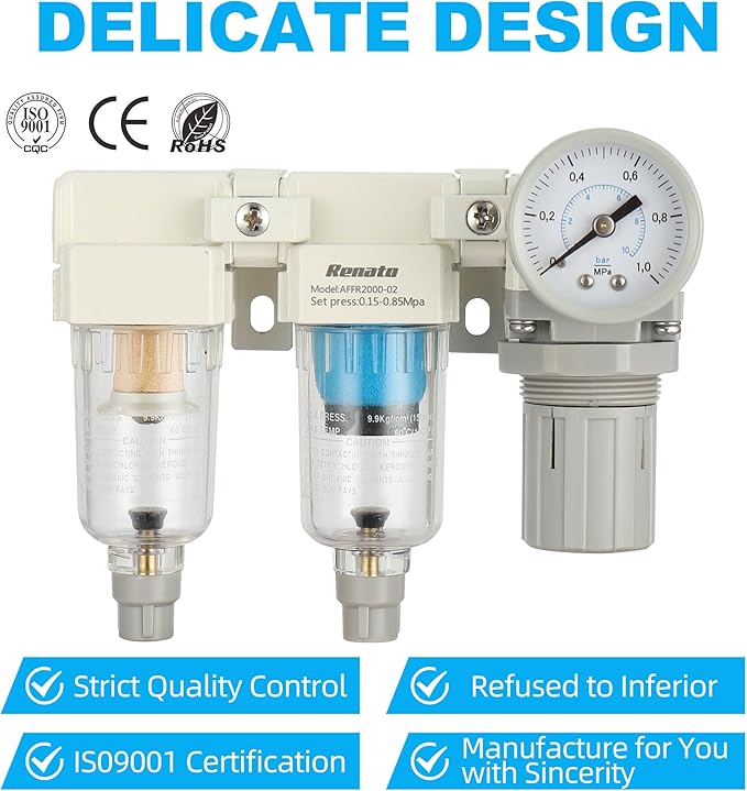 1/4" NPT Three Stage Air Drying System - 0.01 Micron Particulate Filter Air Pressure Regulator Combo - 0-125psi Gauge, Semi-Auto Drain, Metal Bracket