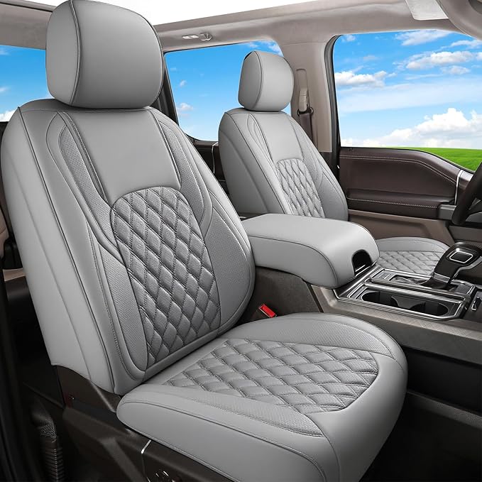 Huidasource F150 F250 F350 Front Seat Covers, 360° Full-wrap Car Seat Cushion Cover Fit for Ford F150 2015-2025&F250 F350 F450 2017-2025 All Cab XL XLT Lariat King Ranch Platinum(Front Pair/Gray)