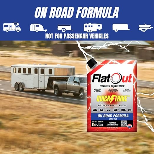 FlatOut QuickStrike Tire Sealant On-Road Formula - Prevent Flat Tires - Seal Leaks - Contains Kevlar - Tubeless Tire Sealant - Fast-Acting Formula - 32 Ounce Bag - Pack of 4