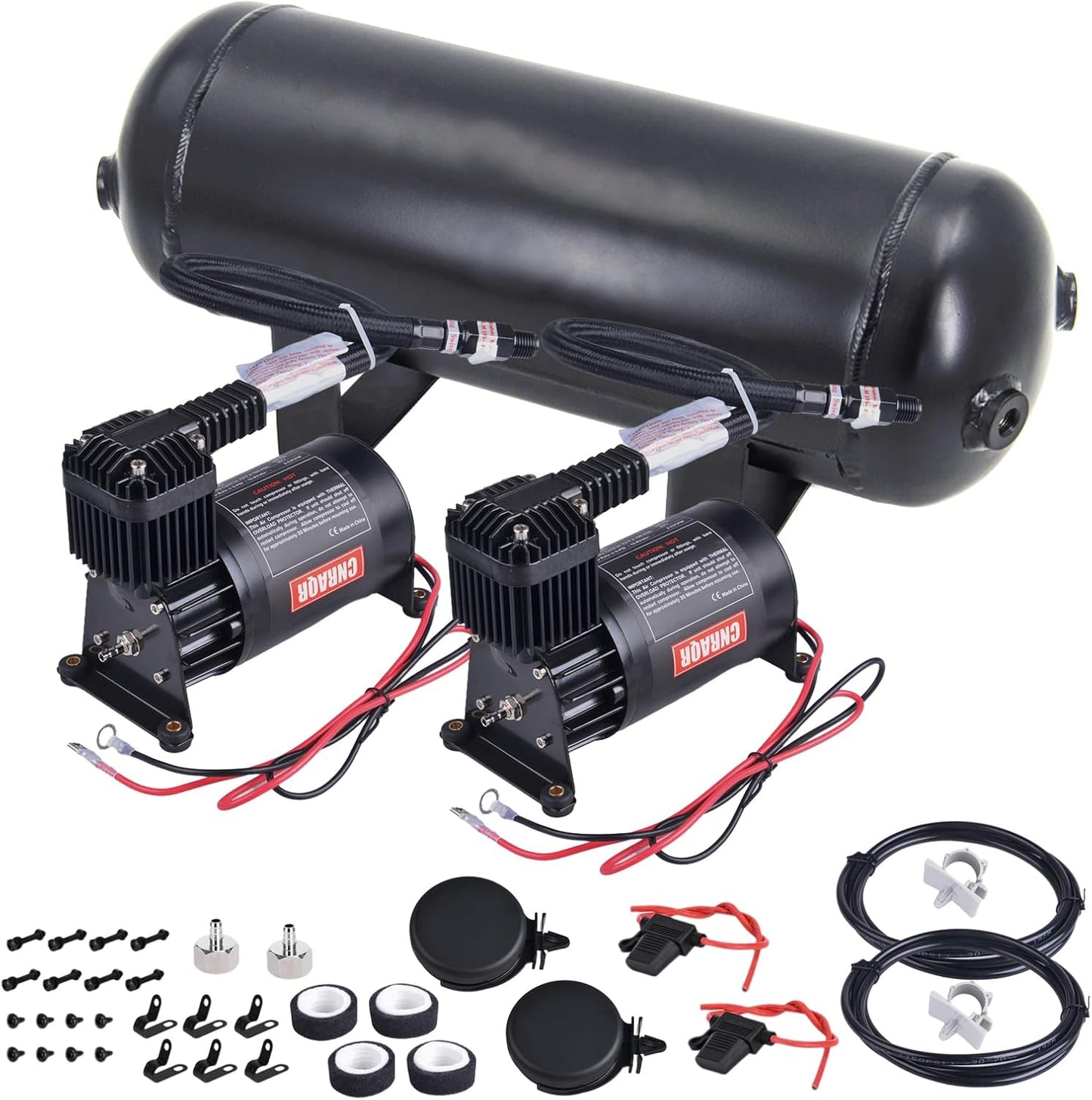 3 Gallon Air Tank with 150PSI Air Compressor 2PCS for Suspension/Air Ride/Bag/Car Train Truck Horn Aluminum 12 Liter Compressed air Storage Tank Onboard System Air Suspension Compressor Kit