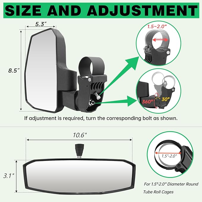 UTV Mirror+Side Mirrors Set for 1.5-2.0 Inch Roll Cage, Compatible with Polaris RZR、Can am Maverick、Honda Pioneer Talon SXS、Kawasaki Mule KRX、Yamaha Wolverine YXZ、RTV、JD Gator、CF Zforce