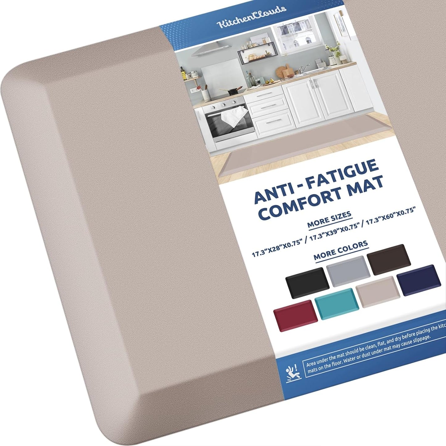 KitchenClouds Kitchen Mat Cushioned Anti Fatigue Kitchen Rug 0.8inch Waterproof Non Slip Kitchen Rugs and Mats Standing Desk Mat Comfort Floor Mats for Kitchen Sink Office (17.3"x60",Khaki)