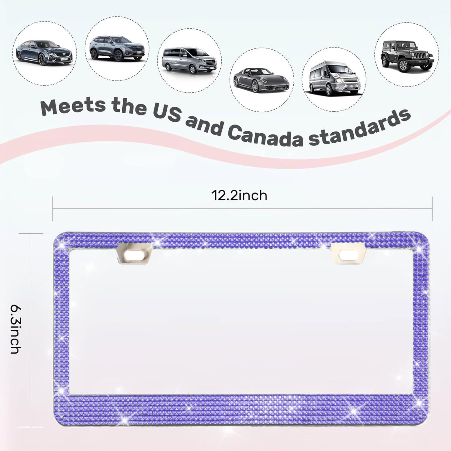 2 Pack License Plate Frames for Women, Sparkly Rhinestone Diamond Car Accessories with Glitter Crystal Caps (Purple (2PCS))