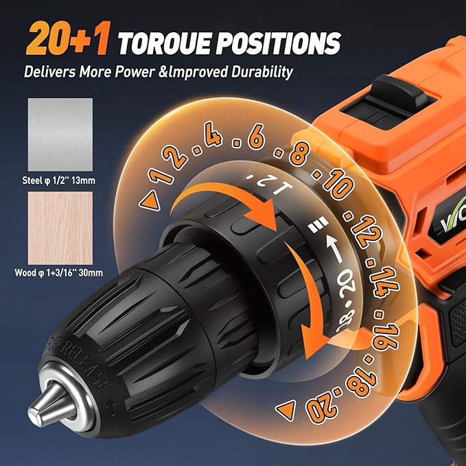 WORKBLESS Cordless Drill, Power Drill Set with 1 Battery and Charger, 40Nm, 20+1 Torque, 2 Speed, Keyless 3/8" Electric Screwdriver with LED Light, 28pcs Drill Bits Set(Orange)
