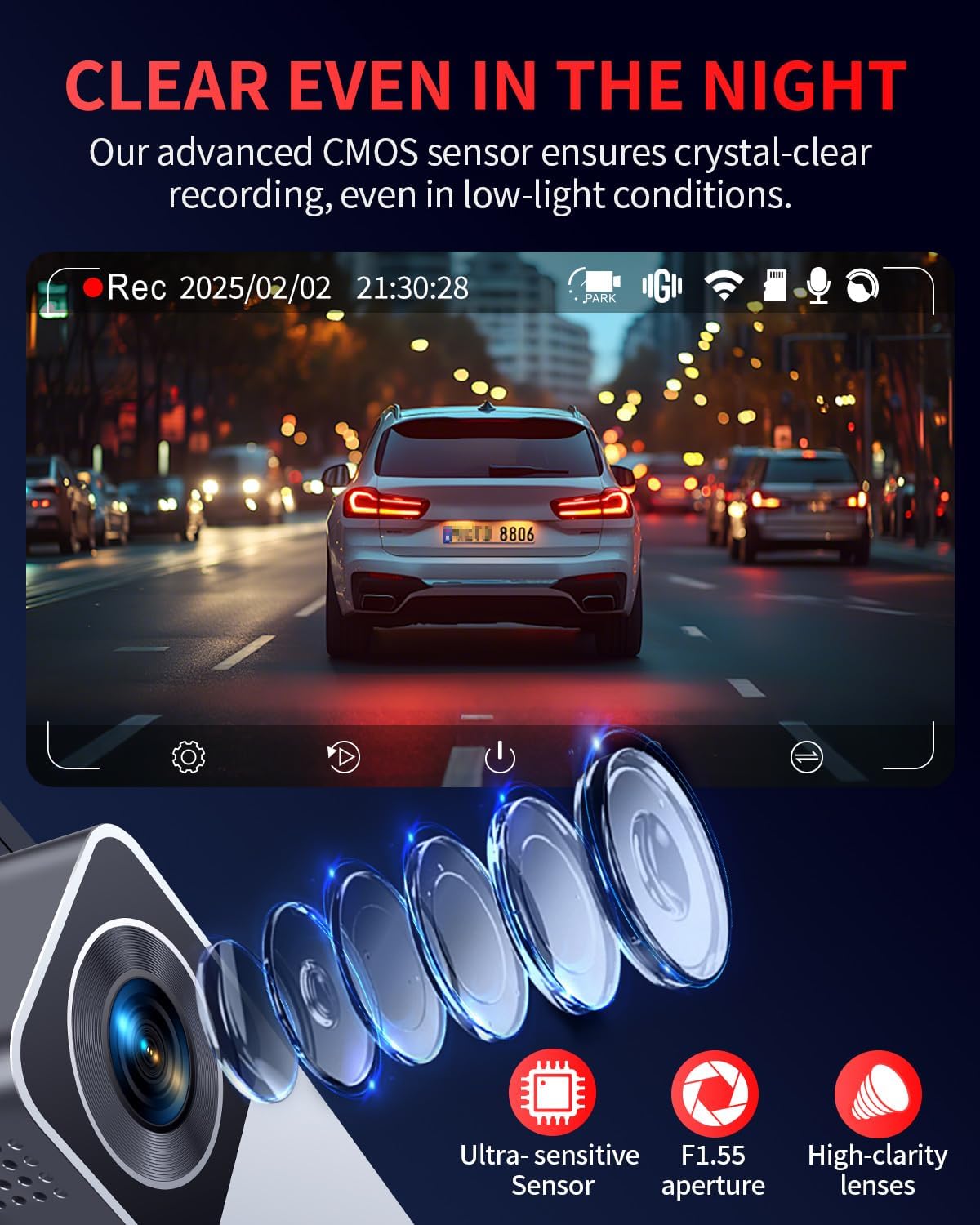 Dash Cam Front and Rear, 4K Full HD Dual Dash Camera for Cars, Built-in Memory Card Monitoring, 64GB Card, 5G WiFi GPS, Car Camera with 3" IPS Screen, 2160P Night Vision, Parking Monitor