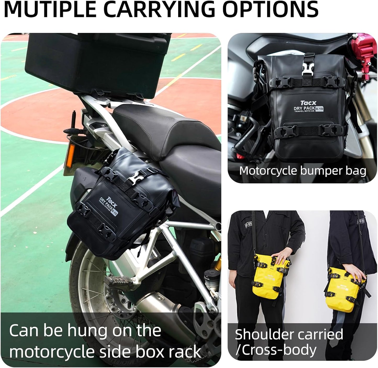 Motorcycle Tail Bag Front Bumper Bag, 10L Roll-top Waterproof Motor Saddle Panniers Luggage Bags for Motorcy-Black(10L)