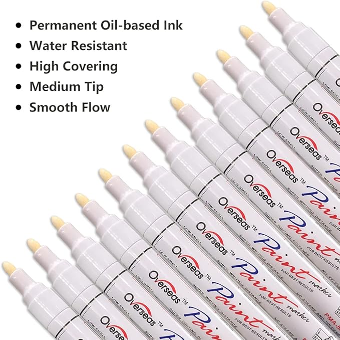 Lesun Overseas White Paint Pens, 12 Pack Waterproof Oil-Based Paint Pen Set, Quick Dry and Permanent, Markers for Rock, Stone, Ceramic, Wood, Fabric, Plastic, Canvas, Glass, Mugs, Tires