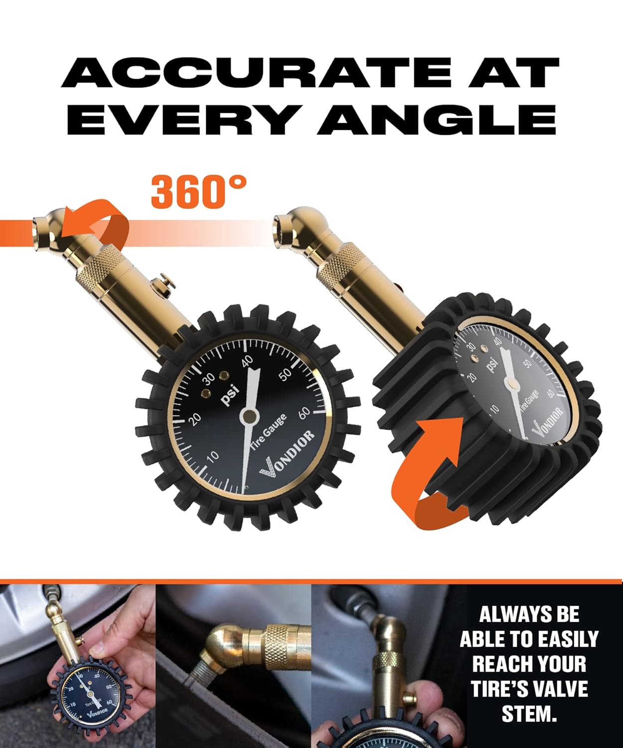 Tire Pressure Gauge - (0-60 PSI) Heavy Duty, Certified ANSI Accurate with Large 2 Inch Easy to Read Glow Dial, Low - High Air Pressure Gauge. Tire Gauge for Car and Trucks Tires by Vondior