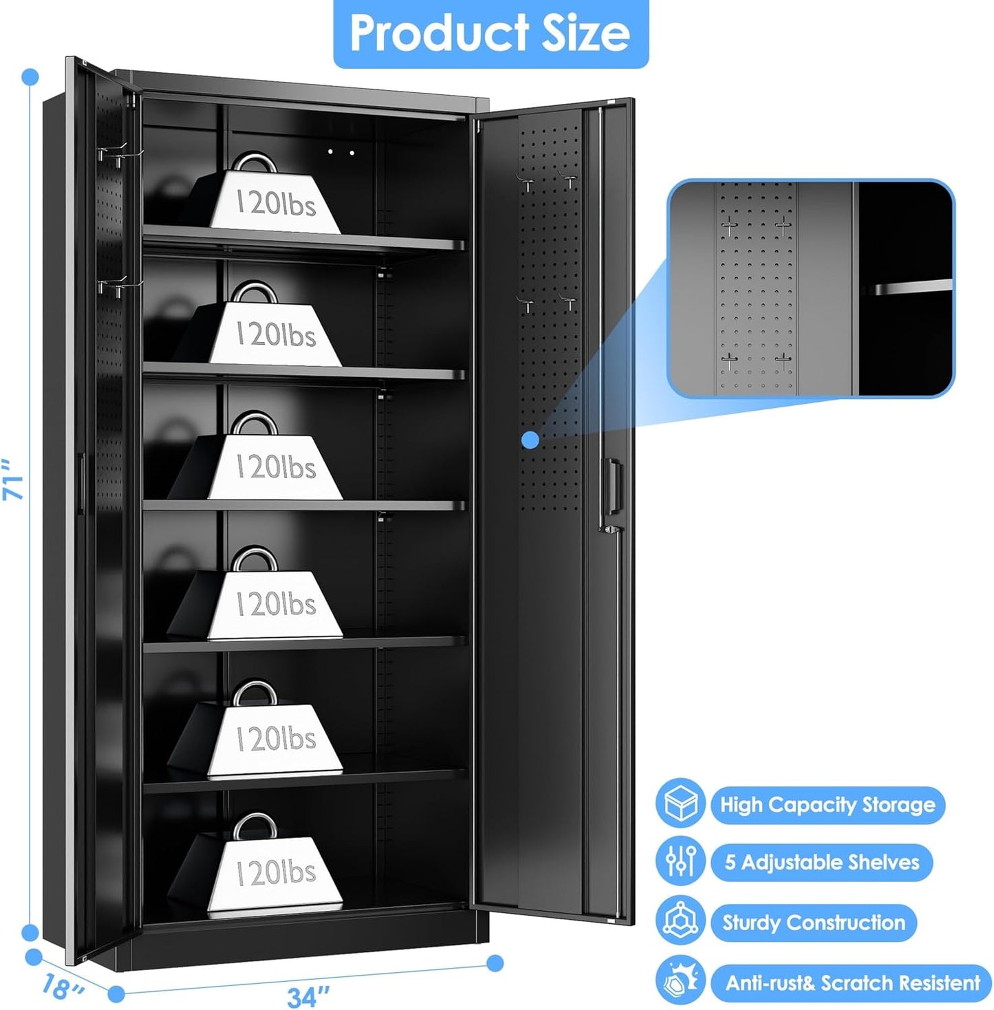 Metal Storage Cabinet with Pegboard 71'' x 34'' x 18'',Lockable Steel Storage Cabinet with 5 Adjustable Shelves and Door for Garage, Office, Kitchen, Assembly Required(Black)