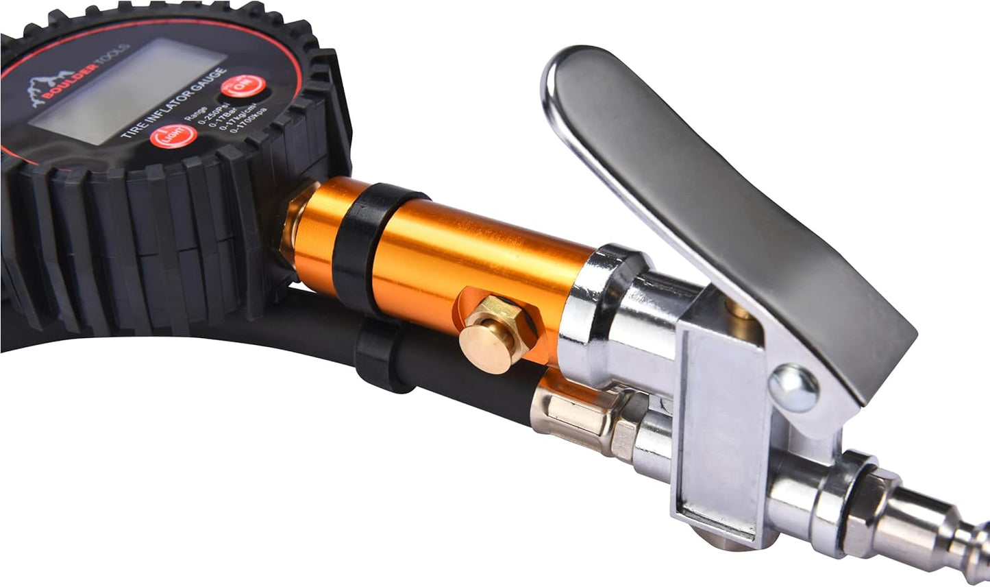 Boulder Tools Tire Pressure Gauge with Inflator - Heavy Duty 0-250 PSI LED Digital Tire Inflator Gauge with Air Chuck Lock, Bleed Valve - Air Compressor Accessories for Car, Motorcycle, Bicycle Tires