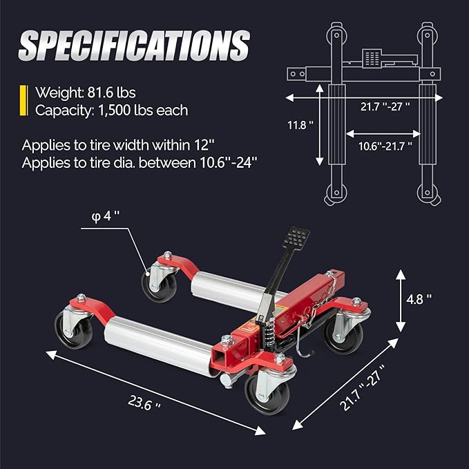 TUFFIOM Car Wheel Dolly Jack Set of 2, Hydraulic 3000-lbs Car Skates, 12'' Wheel Vehicle Positioning Jack, Heavy Duty Rollers with Foot Pedal for Tire Auto Repair Moving, Red