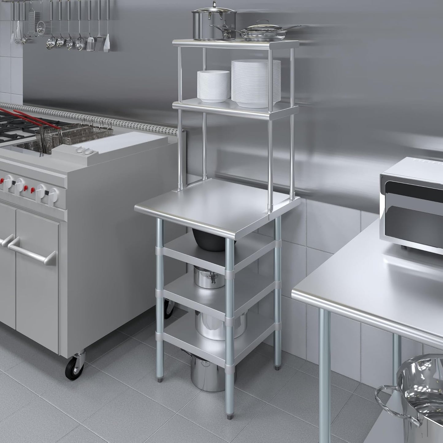 Amgood 24" x 24" Stainless Steel Work Table with 3 Shelves and 12" Wide Double Tier Overshelf | Metal Kitchen Prep Table & Shelving Combo | NSF