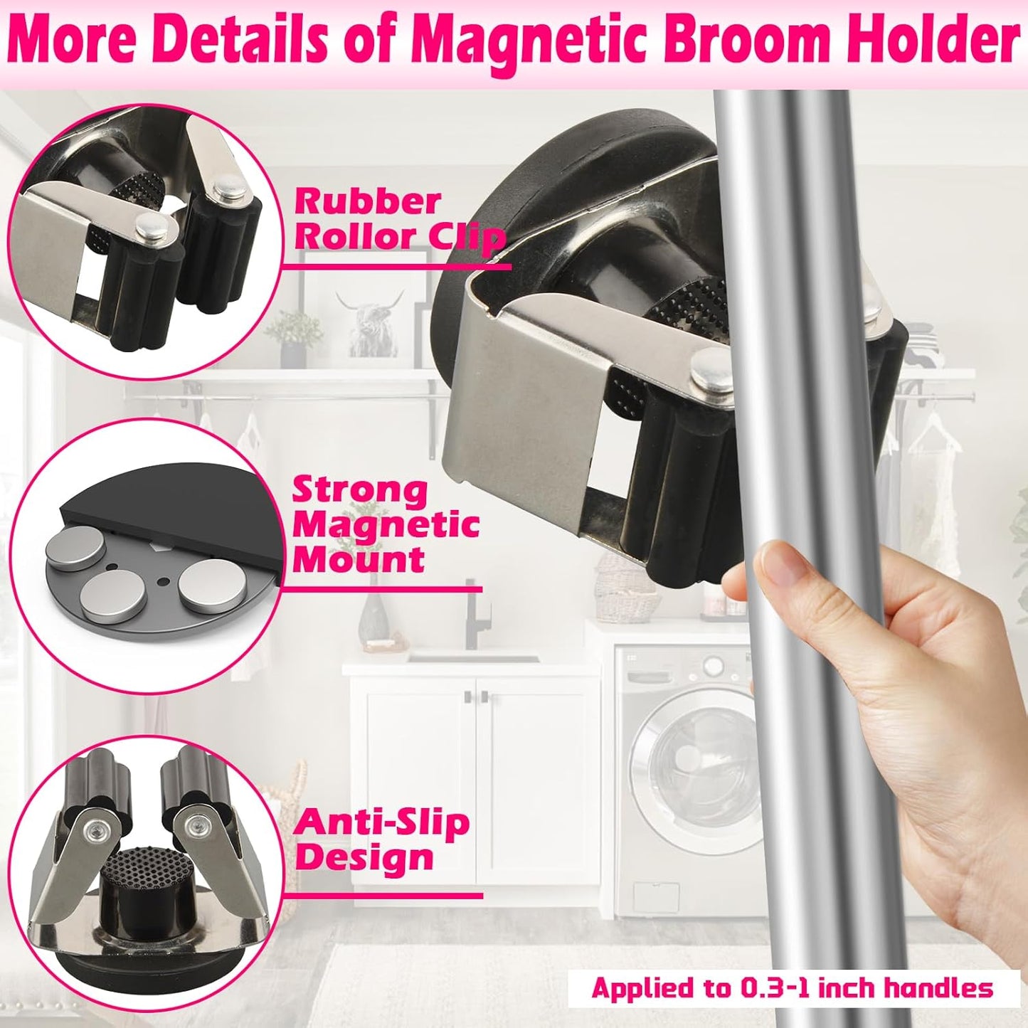 4 Pack Magnetic Mop Broom Holder, Heavy Duty Magnetic Mop Hanger for Refrigerators, Magnetic Mount Mop Broom Holder for Laundry Room Garage Kitchen Workshops Metal Shed