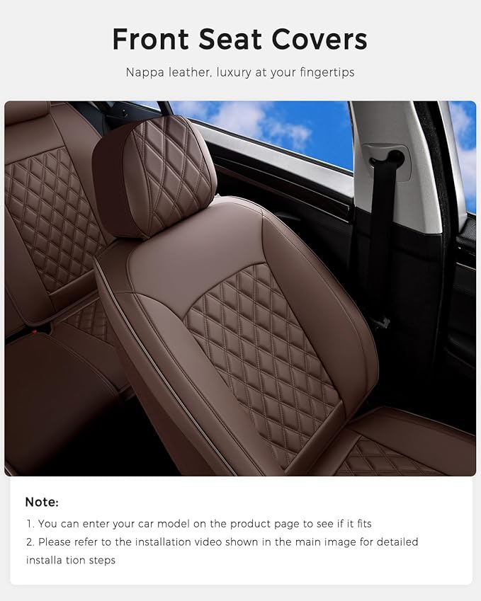 Huidasource Coffee Front Seat Cover, Nappa Leather Front Car Seat Cover, Side Elastic Fabric, Compatible with Airbags, Seat Belts, Universal Fit for Most Cars, Vans, Trucks, SUV (Front Pair/Coffee)