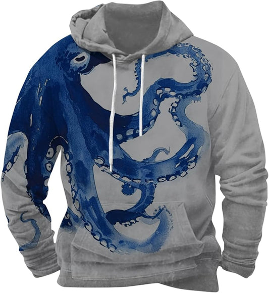 Mens Animal Print Graphic Hoodies Casual Long Sleeve Japanese Art Style Hooded Sweatshirt Lightweight Pullover Tops