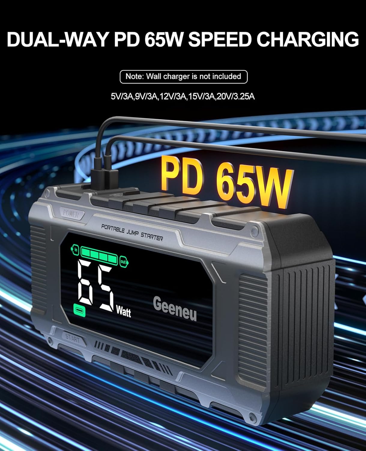 Car Jump Starter Battery Jumper Pack 8000A 65W PD Fast Charging, Portable 12V Car Battery Charger Booster Jump Box (All Gas/12.0L Diesel), Power Vehicle Jumper with Large Screen,150W DC, Lights