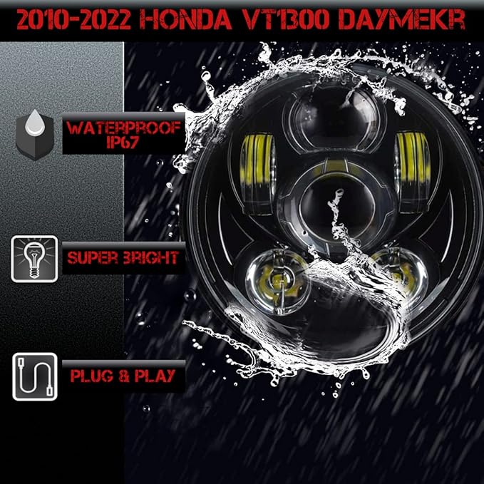 SLK-Lights VT1300 Fury LED Daymaker Black Headlight 5 3/4"- Direct Fit - Plug & Play - Compatible Honda VT1300 2010-2022 Honda Fury, Sabre, Interstate, and Stateline (Black)