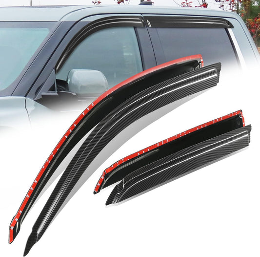 Auto Dynasty 4Pcs Carbon Fiber Pattern Window Visors Compatible with 2001-2007 Toyota Sequoia, Tape-On Front & Rear Window Deflectors Rain Guards Sun Wind Air Side Vent Shade, Glossy Black