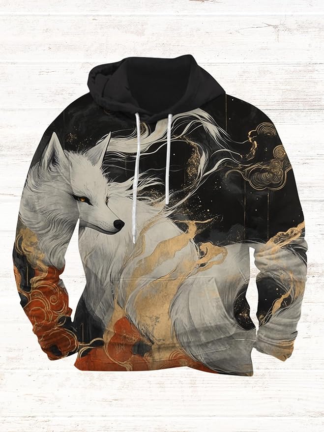 Mens Animal Print Graphic Hoodies Casual Long Sleeve Japanese Art Style Hooded Sweatshirt Lightweight Pullover Tops