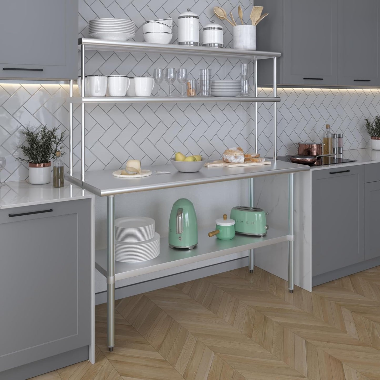 Amgood Stainless Steel Work Table Double Tier Overshelf | Metal Kitchen Prep Table & Shelving Combo (24" x 60" Work Table + 12" Overshelf)