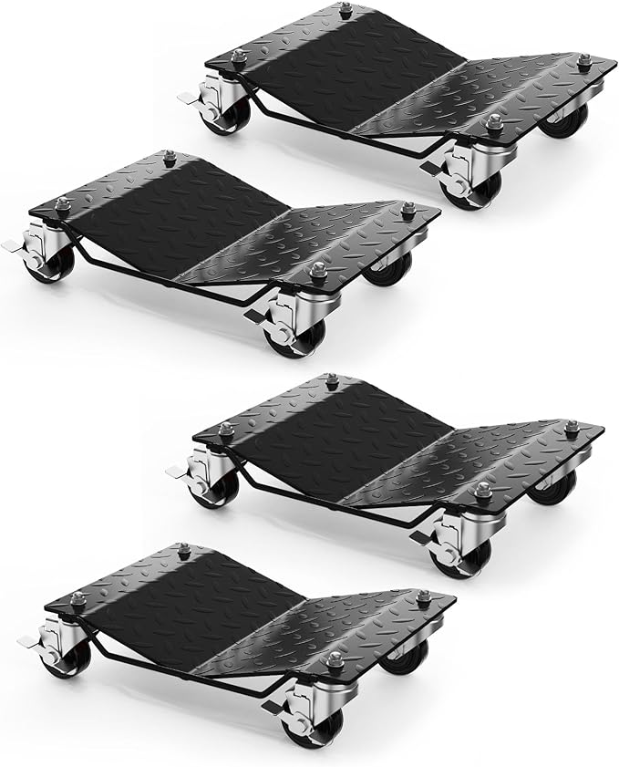 Car Wheel Dolly Set of 4,6000 LBS Capacity Heavy Duty Vehicle Mover Dolly with Brakes for Moving Cars, Trucks, Trailers and Motorcycles, Black