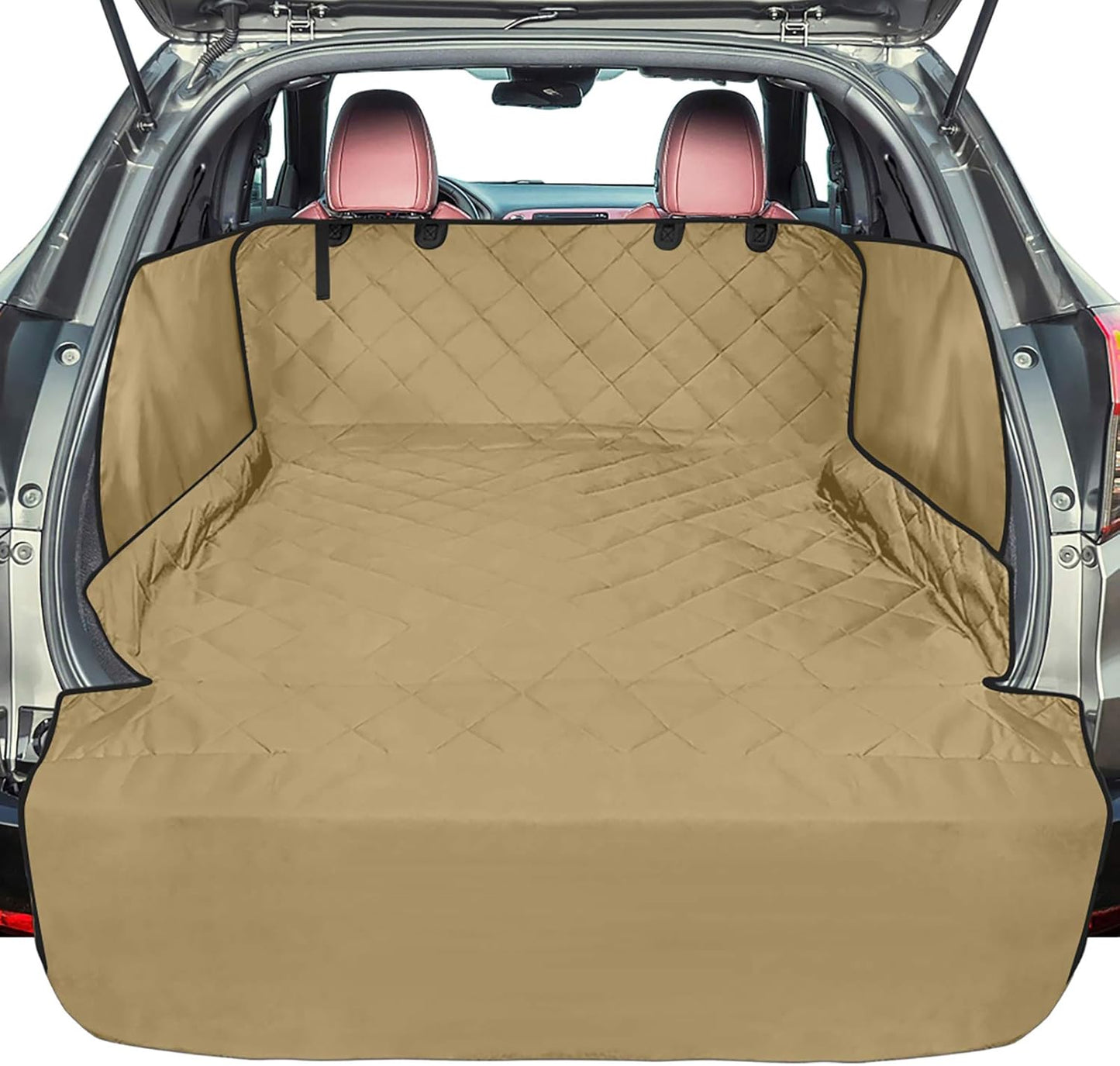 F-color SUV Cargo Liner for Dogs - Waterproof Pet Cargo Liner with Side Flaps, Comfort Dog Cargo Cover with Bumper Flap, Scrachproof Non-Slip Large Size Universal Fit SUVs Sedans Trunks Vans, Khaki