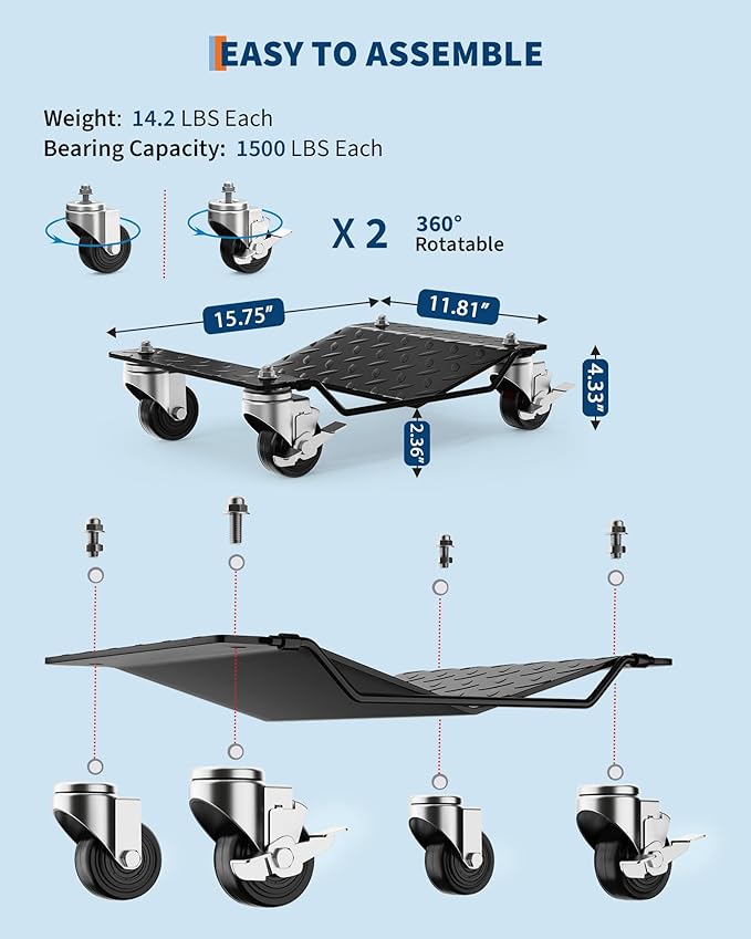 Car Wheel Dolly Set of 4,6000 LBS Capacity Heavy Duty Vehicle Mover Dolly with Brakes for Moving Cars, Trucks, Trailers and Motorcycles, Black