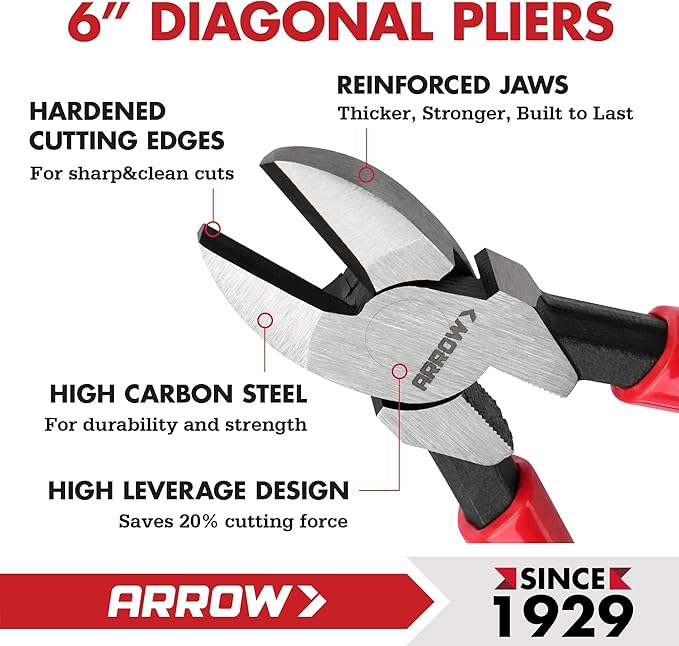 ARROW 6" High Leverage Diagonal Cutting Pliers, Wire Cutters with Comfortable Grip, Side Cutters for Cutting Wires