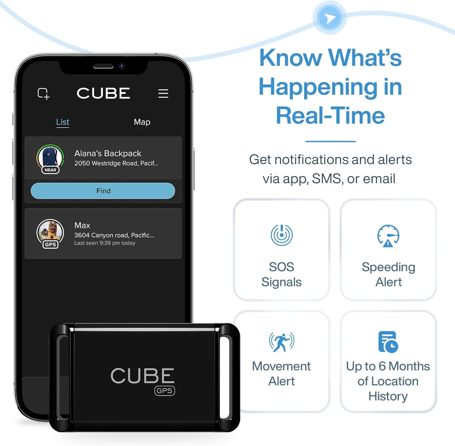 Cube GPS Tracker for Vehicles Assets Kids, Mini GPS Trackers for Dogs, Car Tracker Device: Real Time Worldwide Location SOS Pings Geo-Fencing + Rechargeable Battery Requires Subscription