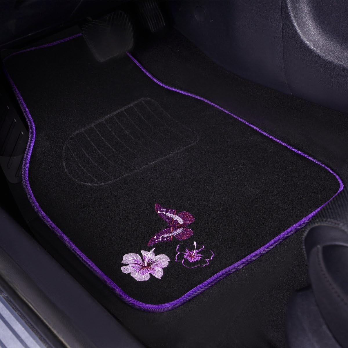 CAR PASS Embroidery Butterfly and Flower Car Floor Mats, Purple Car Floor Mats, Universal Fit 95% Automotive,SUVS,Sedan,Vans,for Women,Girly,Set of 4(Black with Purple)