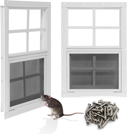 NeatiEase Upgraded Shed Windows 2 Pack, 18" x 23" Windows with Tempered Glass and Stainless Steel Screen for Shed, Chicken Coop, Playhouse, Household, Garage(White)