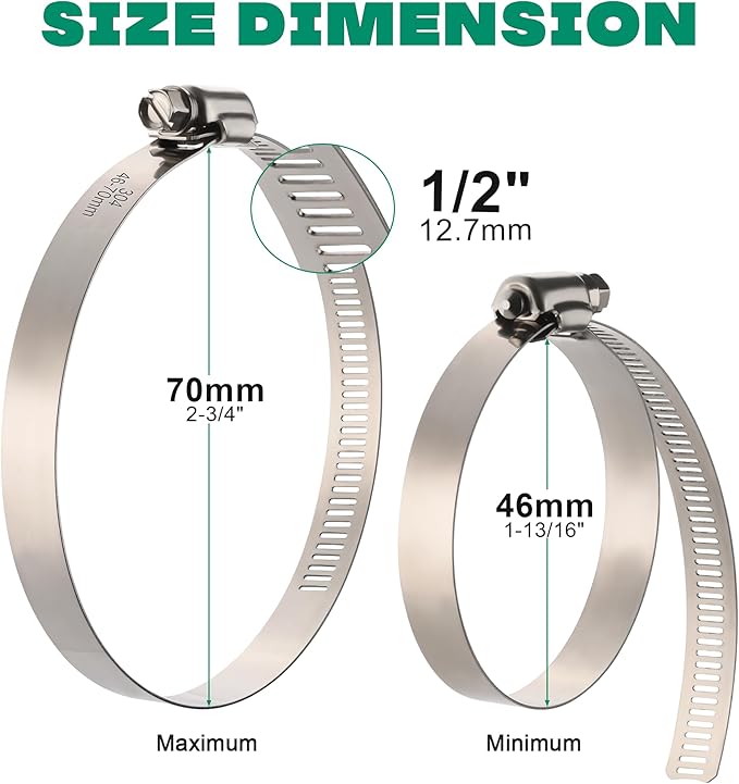 10Pack 2.5 inch Hose Clamp,Stainless Steel Large Hose Clamps Adjustable from 1-13/16"-2-3/4"/46-70mm,Metal Worm Drive Gear Duct Clamp for Air Ducting,Dryer Vent Hose,Fuel Line,Plumbing,Automotive