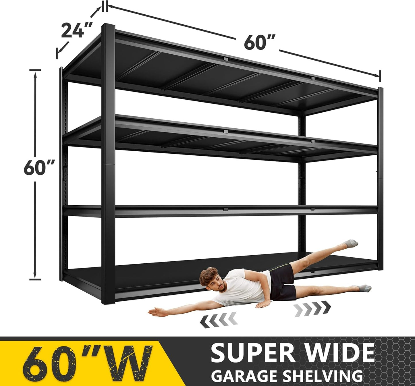 REIBII 60" W Garage Shelving Heavy Duty 2650LBS Storage Shelves Metal Shelving, Adjustable Garage Shelves, 4 Tier Industrial Shelf for Warehouse, Basement, Pantry, 60" W x 24" D x 60" H