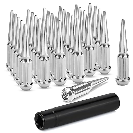M14x2 Spike Lug Nuts, Set of 24 Chrome Spline Spiked Lug Nut with Key for Jeep Wrangler 1987-2024 Ford Expedition 2000-2024 F-250 F-350 1999-2024, 14x2 Acorn Solid Metal Truck LugNut