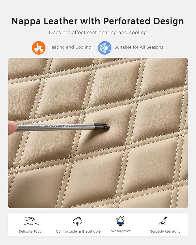 Huidasource Beige Rear Seat Cover, Nappa Leather Back Seat Cover Velcro Adjustable, Compatible with Armrests, Seat Belts, Child Safety Seats, Fit for Most Cars SUVs Trucks (Back Row/Beige)