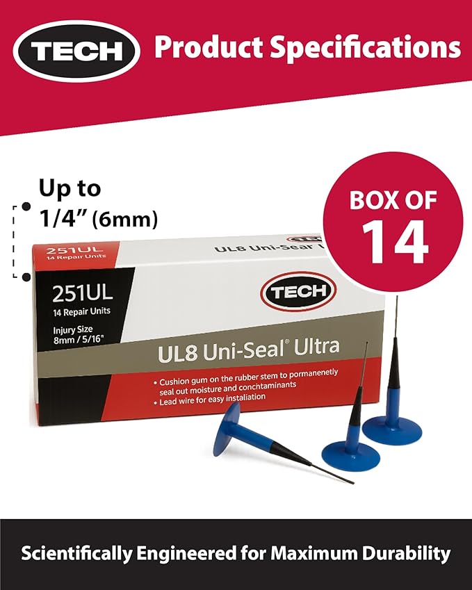 UL8 Uni-Seal Ultra Tire Repairs - One-Piece Stem and Cap Permanently Seals Punctures from Inside The Tire up to 5/16" (8mm), Box of 14