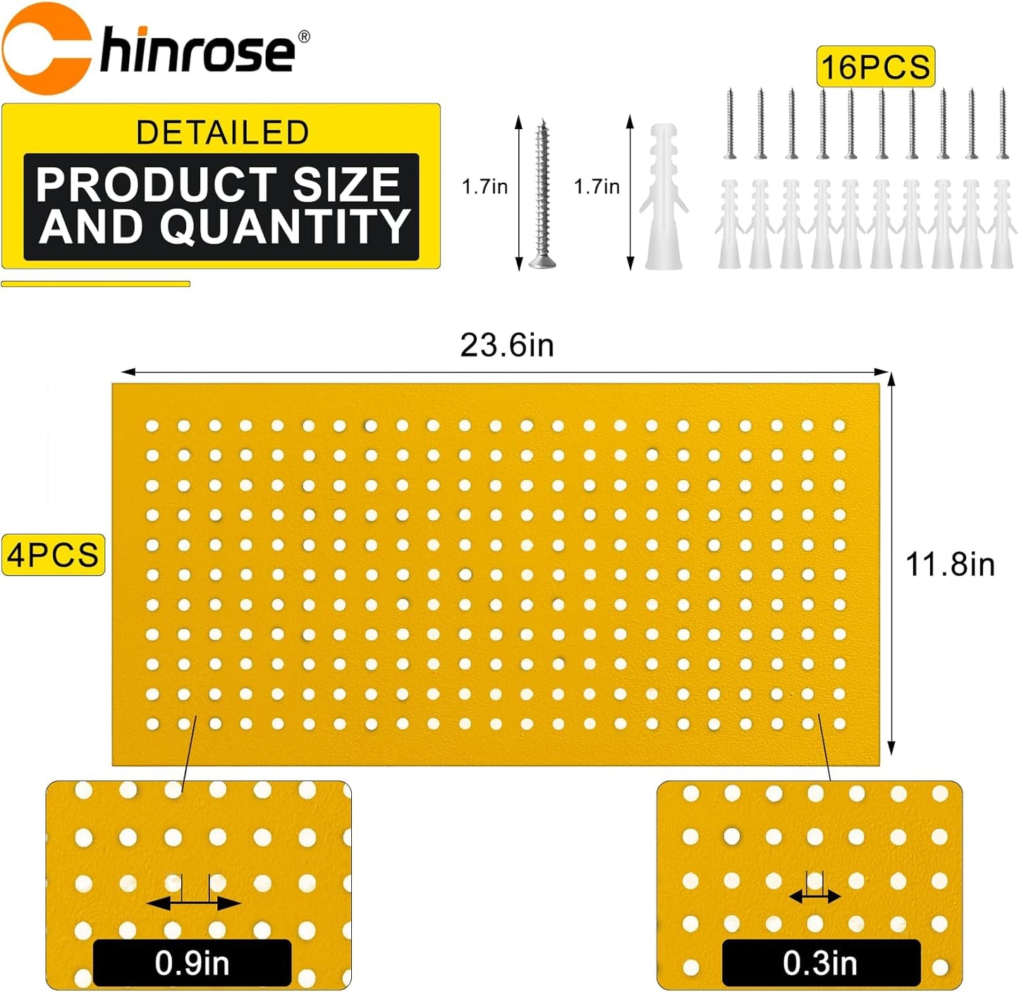 Metal Peg Board Panels for Workbench, Shop, Shed Modular Peg Board Organizer Board Kit, pegboard Wall Organizer(4 Pack, Yellow)