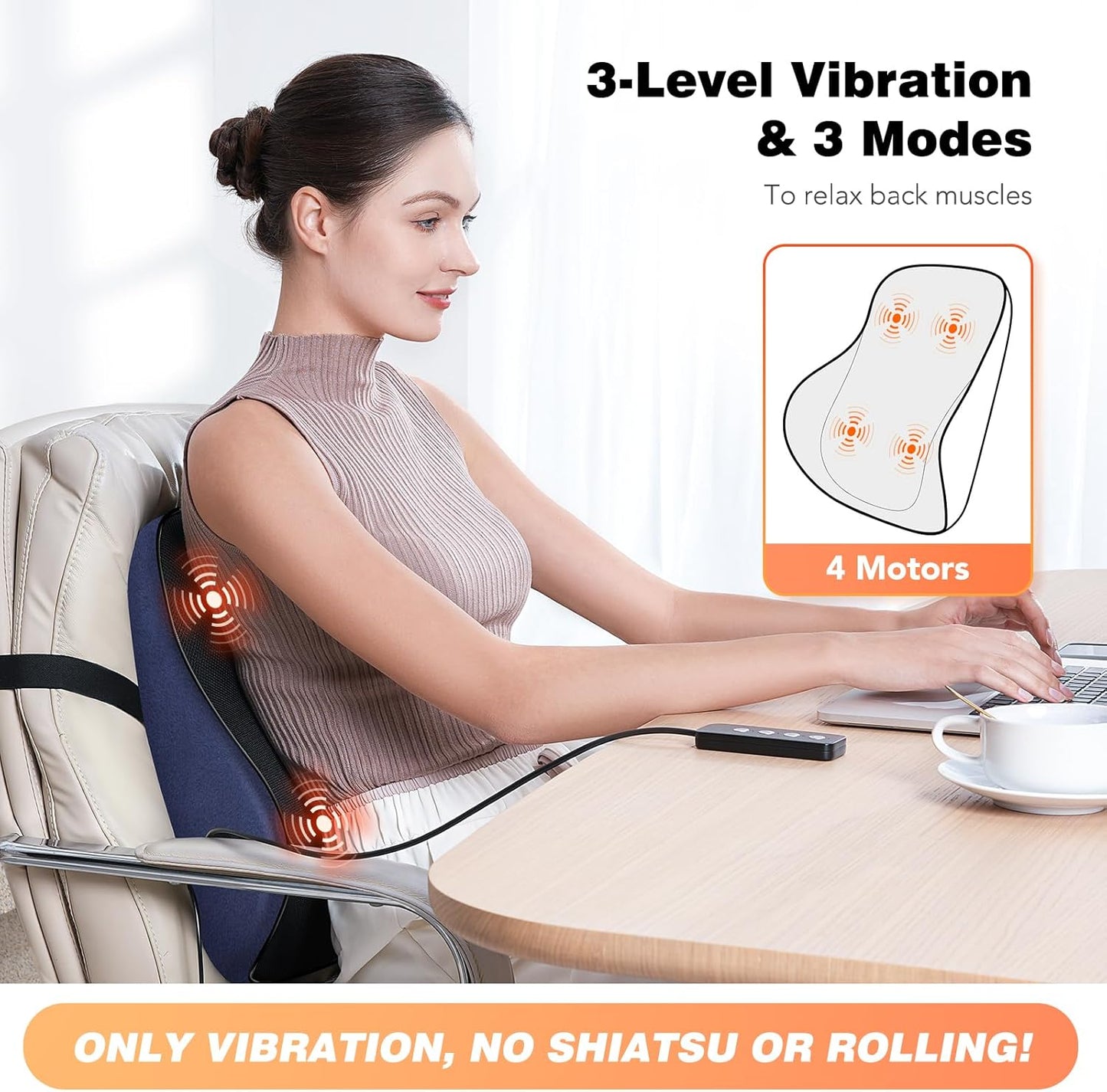 Lumbar Support Pillow for Office Chair, Heated Back Support Pillow with Vibration, Back Massage for Pain Relief, at Home Office Car Sofa, 3 Heating Levels & 4 Motors & 3 Intensities, Gifts
