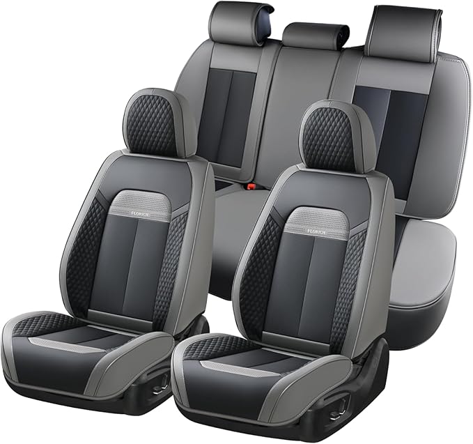FLORICH Full Set Car Seat Covers 5pcs, Breathable Waterproof Nappa Leather Seat Covers, Gary Seat Covers, Automotive Interior Cover Universal for Cars SUV Truck Sedan - Gary&Black