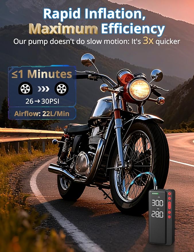 Tire Inflator Portable Air Compressor, 10000mAH&150PSI Smart APP Cordless Air Pump For Car Tires, Built-in Accessories Storage, Bike Pump with Digital Gauge&LED Light for Motorcycle, Ball