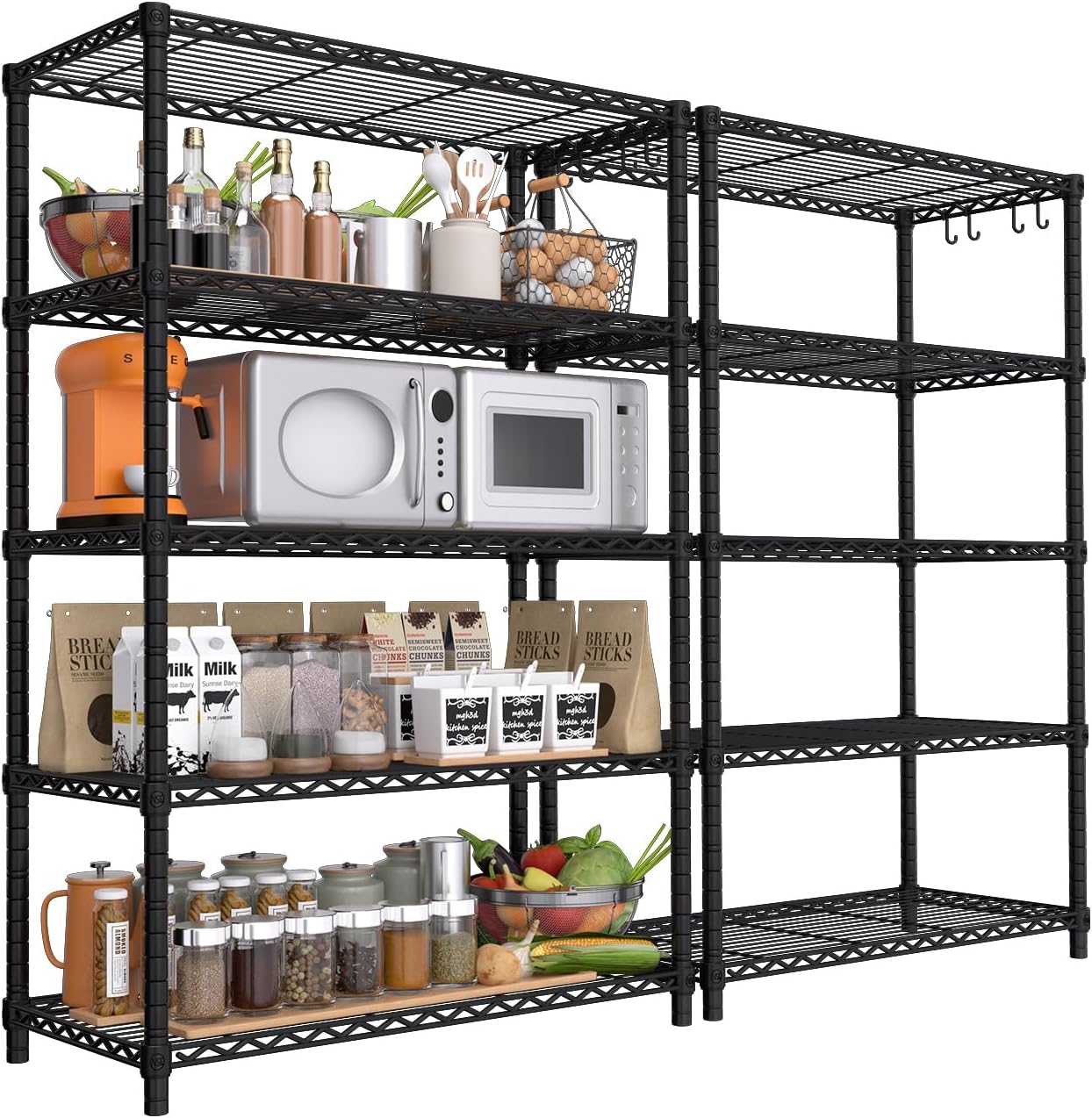 PrimeZone Wire Metal Storage Shelves - 5 Tier Adjustable NSF Certified Heavy Duty Garage Shelving Unit Organizer Rack, Steel Utility Shelf for Kitchen, Pantry, 35.5" W x 14" D x 72" H, Black, 2 Packs