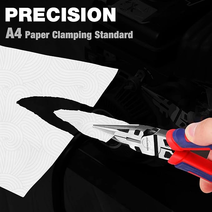 WORKPRO Premium 6” Needle Nose Pliers, Paper Clamp Precision, Heavy-Duty CRV Steel, Soft Grip with Wire Cutter, Long Nose Cutting Pliers